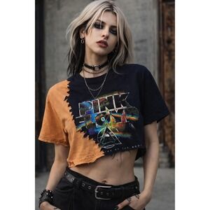 Pink Floyd Dark Side of the Moon Cropped T Shirt Orange Black Tie Dye